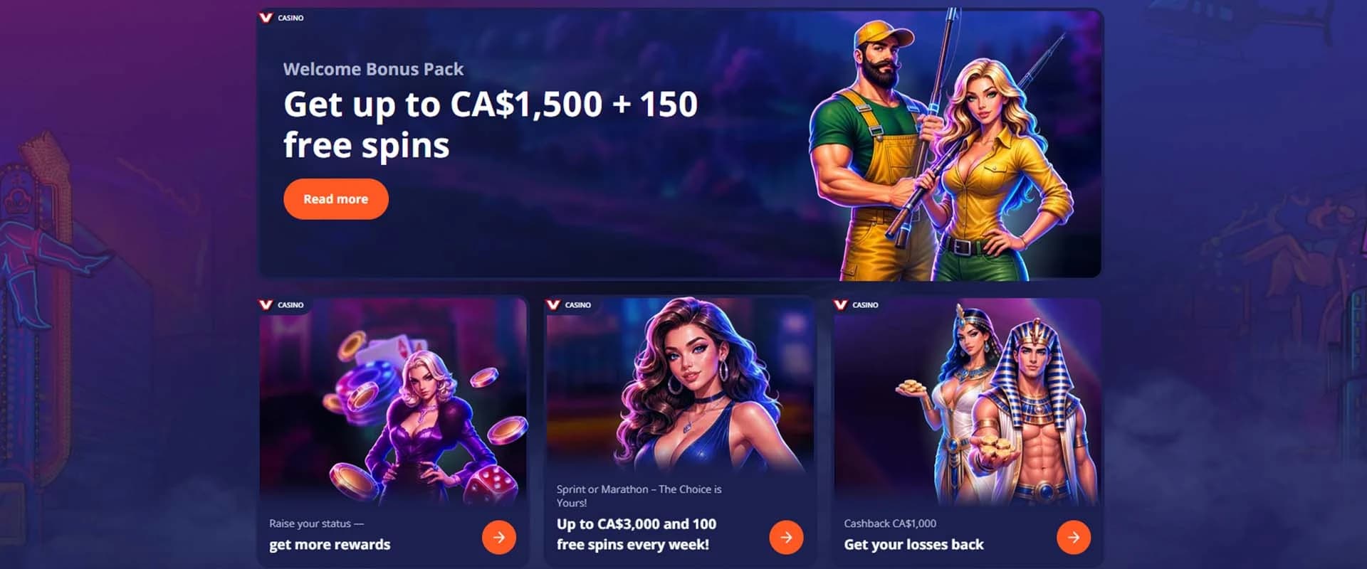 vvegas all bonuses, promotions for canadian players, cashback bonuses, reload, bonuses, welcome packages